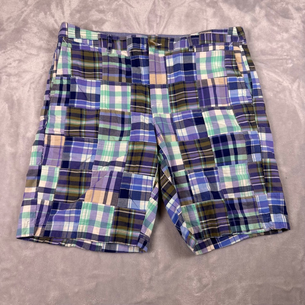 LL Bean Favorite Fit Patchwork Madras Shorts Womens 16 Blue Green Plaid Cotton